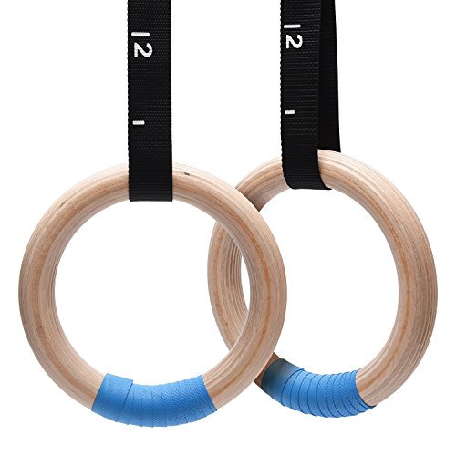 Product Cover PACEARTH Wood Gymnastics Rings 1500lbs with Adjustable Cam Buckle 14.76ft Long Straps Exercise Rings Non-Slip Training Rings for Home Gym Full Body Workout