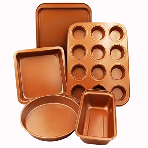 Product Cover CopperKitchen Baking Pans - 5 pcs Toxic Free NONSTICK - Organic Environmental Friendly Premium Coating - Durable Quality - Muffin Pan, Loaf Pan, Square Pan, Cookie Sheet and Round Pan - BAKEWARE Set