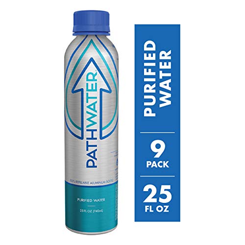 Product Cover PATHWATER Purified Flouride Free Water in Eco-Friendly, Sustainable BPA Free Reusable Recyclable Durable Light Weight Leak Proof Sleek Aluminum Bottle (740 mL, 25 Ounces, Case of Water, Pack of 9)