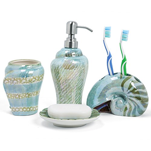 Product Cover FORLONG Conch Sea Shell Ceramic Bathroom Accessories Set of 4,1 Gargle Cups 1 Toothbrush Holders 1 Soap Dishes 1 Soap Dispenser Green