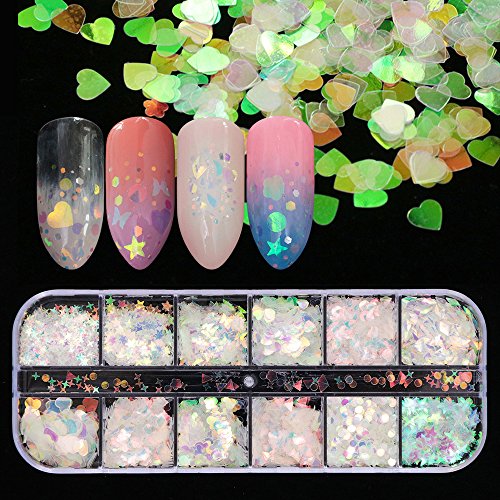 Product Cover 12 Shaped Holographic Nail Sequins Iridescent Mermaid Flakes Colorful Glitter Sticker Manicure Nail Art Design Make Up DIY Decals Decoration