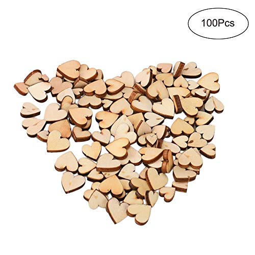 Product Cover 100pcs Different Sizes Rustic Wooden Pattern Love Hearts Shaped Wood Slices DIY Crafts for Wedding Party Ornaments