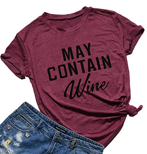 Product Cover May Contain Wine Funny T-Shirt Women's Letter Print Casual Tee Short Sleeve Tops Size M (Burgundy)