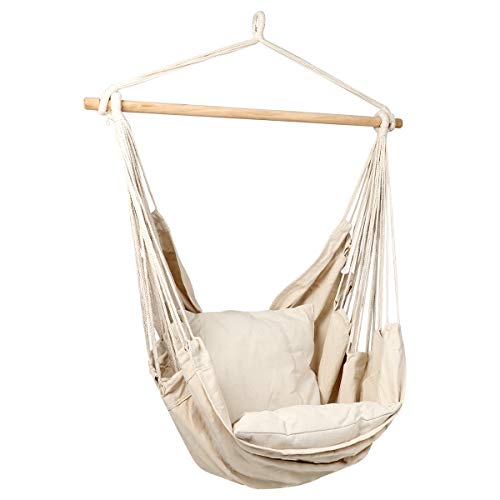 Product Cover Bormart Hanging Rope Hammock Chair Large Cotton Weave Porch Swing Seat Comfortable and Durable Hanging Chair for Yard, Bedroom, Porch, Indoor, Outdoor - 2 Seat Cushions Included (White)