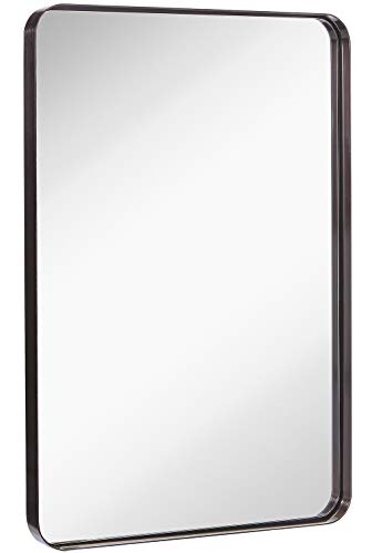 Product Cover Hamilton Hills Contemporary Brushed Metal Wall Mirror | Glass Panel Black Framed Rounded Corner Deep Set Design | Mirrored Rectangle Hangs Horizontal or Vertical (24