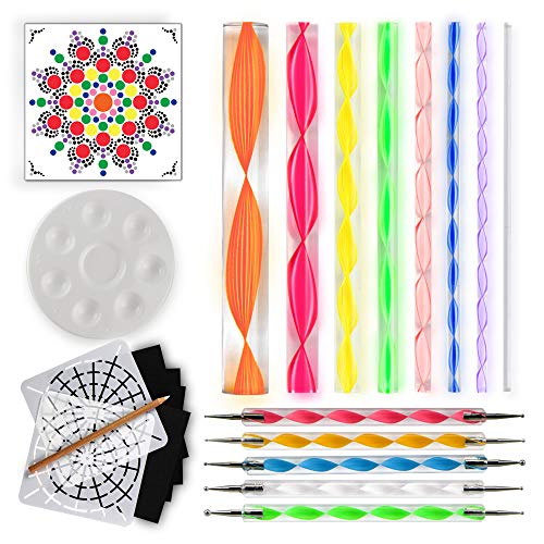 Product Cover Mandala Dotting Tools for Painting Rocks - Plus Stencil, White Pencil, Paint Tray, Pattern
