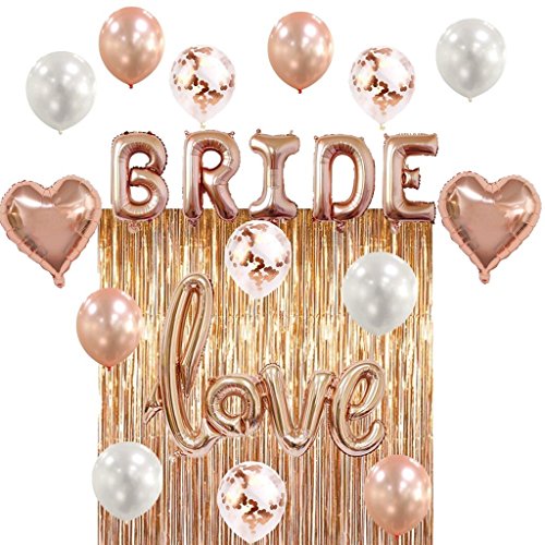 Product Cover Bridal Shower Bachelorette Party Decorations Kit Rose Gold - Set Includes 1 Fringe Curtain, 1 Set of Bride Balloons, 1 Love Balloon, 2 Heart Balloons, Latex 4 White, 4 Rose Gold, 4 Confetti Balloons