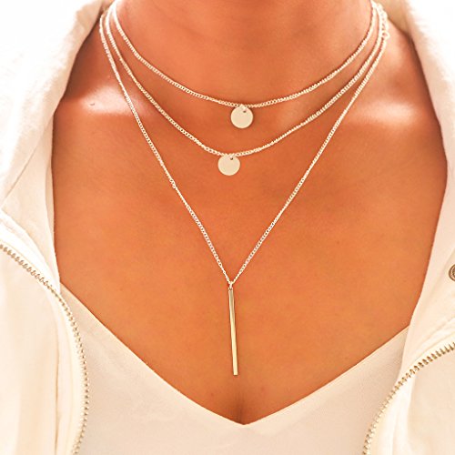 Product Cover Tgirls Layered Sequin Necklaces with Bar Pendant for Women and Girls XL-66 (Silver)