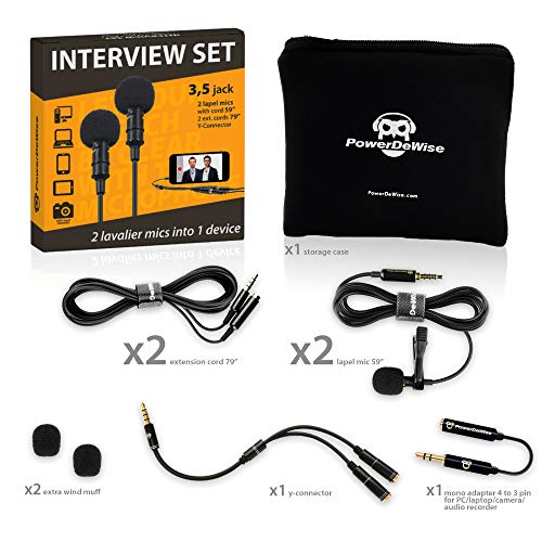 Product Cover Professional Grade 2 Lavalier Lapel Microphones Set for Dual Interview - Dual Lavalier Microphone - 2 Lavalier Microphone Set - Perfect as Blogging Vlogging Interview Microphone for iPhone 6, 7, 8, X