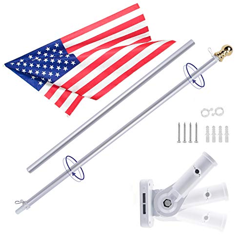 Product Cover Gientan 5FT Aluminum Tangle Free Spinning Flag Pole Kit with US Flag, Premium Heavy Duty American Flagpole with Stainless Steel Clip & Free Metal Bracket for Residential House or Commercial, Silver