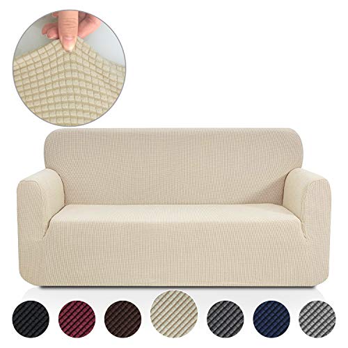 Product Cover Rose Home Fashion Stretch Couch Covers for 3 Cushion Couch-Couch 1-Piece Covers for Sofa-Sofa Covers for Living Room,Couch Covers for Dogs, Sofa Slipcover,Couch slipcover(Sofa: Beige)