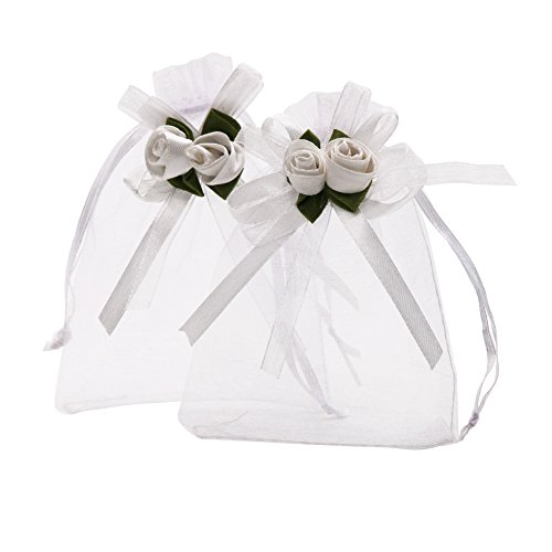 Product Cover SumDirect 3.9x4.7 Inches Sheer Organza Wedding Favor Gift Bags White Rose Drawstring Pouches, Pack of 50
