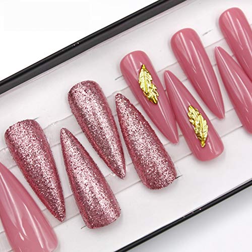 Product Cover Rosé Pink Sparkle - Long Sculpted Stiletto Full cover Press on Nails Long Ballerina False Nail - Tips 20 pcs Acrylic fake Nails 10 Sizes