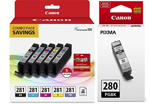 Product Cover Genuine Canon CLI-281 5-Color Ink Tank Combo Pack with 5 x 5 Photo Paper (2091C006) + Canon PGI-280 Pigment Black Ink Tank (2075C001)