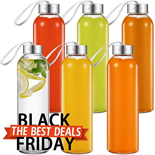 Product Cover Aicook Glass Water Bottles, 6 Pack, 18 Oz Glass Bottle for Juice, Beverage, Smoothie Stainless Steel Leak Proof Easy Caps with Carrying Loop, Reusable Drinking Bottle, Juice Beverage Container