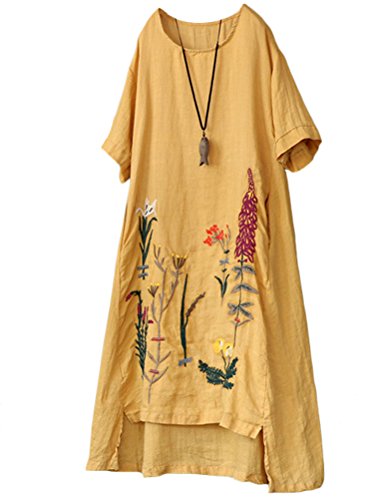 Product Cover Minibee Women's Embroidered Linen Dress Summer A-Line Sundress Hi Low Tunic Clothing