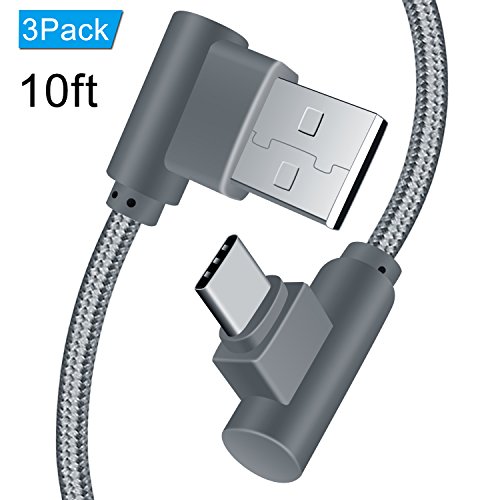Product Cover USB C Right Angle Type C Cable 10ft 3 Pack 90 Degree Braided Charger Cable, ANSEIP Fast Charging Cord & Data Sync for Samsung Galaxy S8/S8 Plus,Moto Z Z2,Nexus 6P/5X and More (Grey,10ft)