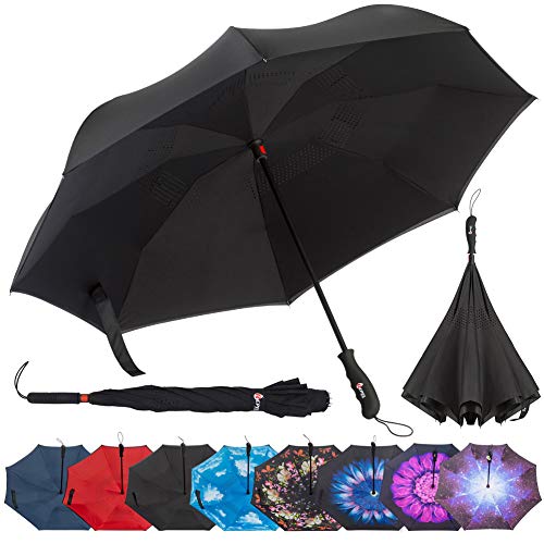 Product Cover Repel Reverse Folding Inverted Umbrella with 2 Layered Teflon Canopy with Reinforced Fiberglass Ribs (Black)