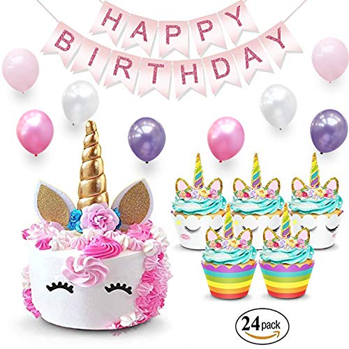 Product Cover Unicorn Cake Topper & Rainbow Cupcake Wrappers Kit (Set Includes Horn, Ears, Eyelashes) + Happy Birthday Banner Decor | Unicorn Theme Decorations & Supplies Pack - Favors For Kids Party