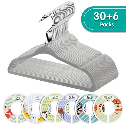 Product Cover Minnebaby 30 Pack Neutral Grey Baby Clothes Velvet Hangers-Ultra Thin No Slip Nursery Hangers with 6 Pcs Baby Clothing Dividers