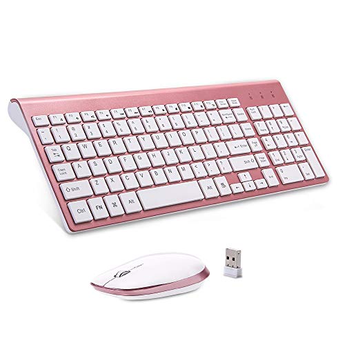 Product Cover Wireless Keyboard Mouse, Sanhoton 2.4G Ultra Thin Portable Wireless Keyboard and Mouse Combo Compatible with Windows, Mac, Android Tablet (Rose Gold)