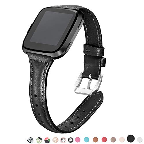 Product Cover bayite Black Bands Compatible with Fitbit Versa/Fitbit Versa Lite/Fitbit Versa 2, Slim Genuine Leather Band Replacement Accessories Strap Women Men, (5.3