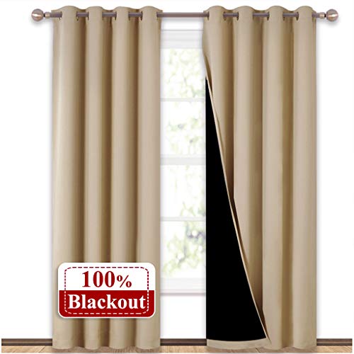 Product Cover NICETOWN Thermal Insulated 100% Blackout Curtains, Noise Reducing Performance Drapes with Black Lining, Full Light Blocking Drapery Panels for Patio (Biscotti Beige, 1 Pair, 52 inches x 95 inches)