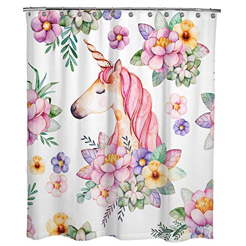 Product Cover Dimaka Pink Floral Cute Cartoon Unicorn Shower Curtain for Girls and Kids, Christmas Decoration Design Decor,Water Resistant Funny Bathroom Curtains(71