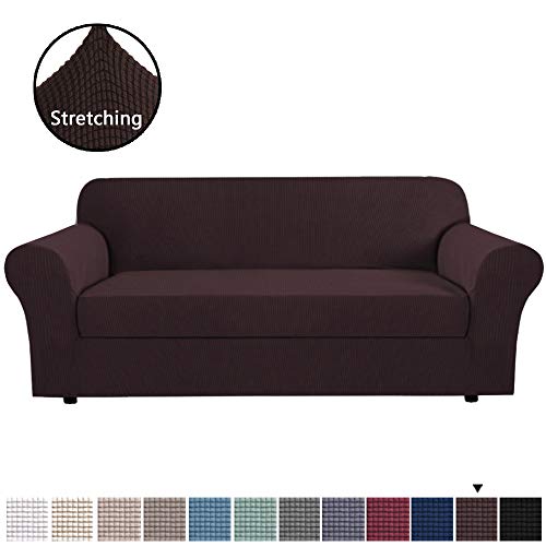 Product Cover H.VERSAILTEX 2 Piece Couch Covers Stretch Sofa Cover/Slipcover Furniture Protector Couch Soft with Elastic Bottom for Kids Spandex Jacquard Fabric Small Checks(Sofa Large Size, Brown)