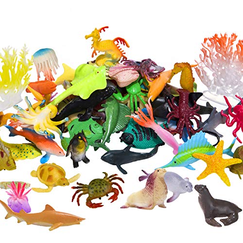 Product Cover Ocean Sea Animals Figures, 60 Pack Mini Plastic Deep Underwater Life Creatures Set, STEM Educational Shower Bath Toys Gift for Baby Toddler Cupcake Toppers Party Supplies with Turtle Octopus Shark