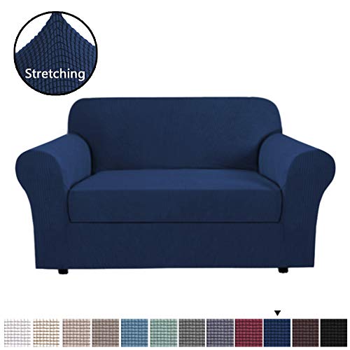 Product Cover H.VERSAILTEX 2 Piece Loveseat Slipcovers Stretch Furnitue Cover Fit Lovesat Width Up to 68 Inch, Lycra Spandex Jacquard Fabric Super Soft Skid Resistant Sofa Protector - Loveseat - Navy