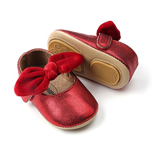 Product Cover Baby Girls Mary Jane Flats Anti-Slip Rubber Sole Bow Toddler Princess Dress Shoes Red
