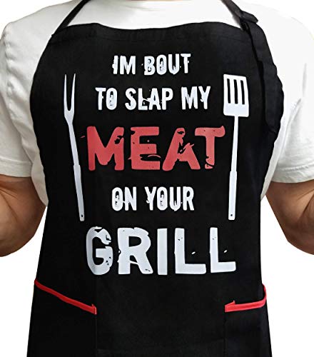 Product Cover I'm Bout to Slap My Meat ON Your Grill - 100% Cotton Thick Black Apron with 2 Tone Red Pockets - Adjustable Strap - Unisex - Great for Outdoor BBQ or Indoor Cooking - Perfect Funny Gift