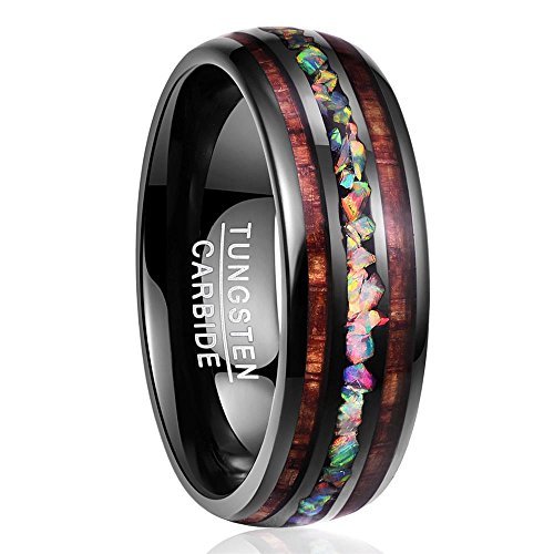 Product Cover NUNCAD Handmade Crushed Fire Opal Tungsten Wedding Ring with Hawaii Koa Wood Domed Black Size 5-14