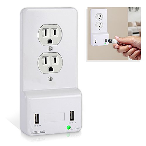 Product Cover Wall Mount Power Outlet Plate - White Smart Electrical Socket Cover w/ 2.1 Amp Fast Charging Dual USB Charger Port, LED Night Light, Fits Single Gang Duplex Round Outlets - Pyle PWPLGULT212