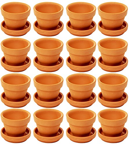 Product Cover Juvale Mini Terra Cotta Pots with Saucer- 16-Pack Clay Flower Pots with Saucers, Mini Flower Pot Planters for Indoor, Outdoor Plant, Succulent Display, Brown - 1.9 x 1.5 inches