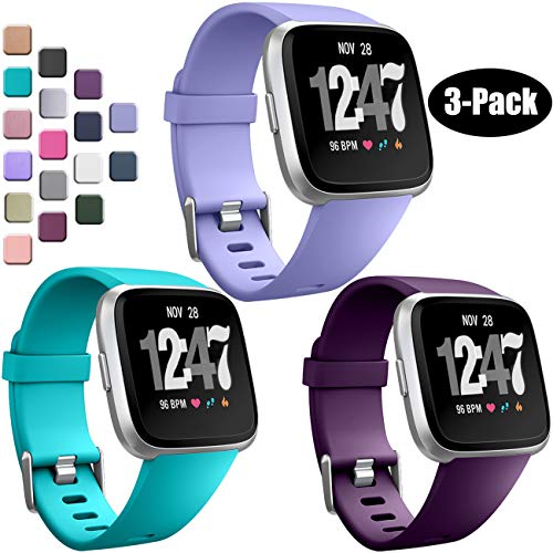 Product Cover Wepro Bands Compatible with Fitbit Versa/Fitbit Versa 2/Fitbit Versa Lite SE SmartWatch for Women Men, Sports Replacement Wristband Strap for Fitbit Versa Watch, Small, 3 Pack, Periwinkle, Teal, Plum