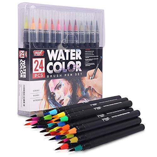 Product Cover Paint Mark Real Brush Pens, 24 Colors for Watercolor Painting with Flexible Nylon Brush Tips, Calligraphy and Drawing with Water Brush, Paint Markers for Coloring