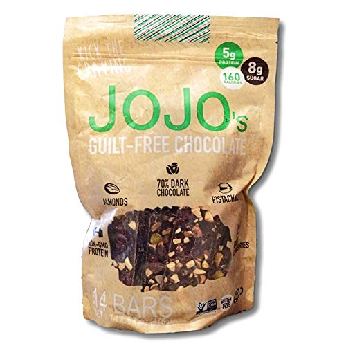 Product Cover JoJo's Guilt-Free Chocolate with Almonds, 70% Dark Chocolate, Pistachios, Dried Cranberries