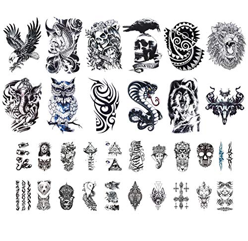 Product Cover 32 Sheets Temporary Tattoos Stickers, 12 Sheets Fake Body Arm Chest Shoulder Tattoos for Men with 20 Sheets Tiny Black Temporary Tattoos