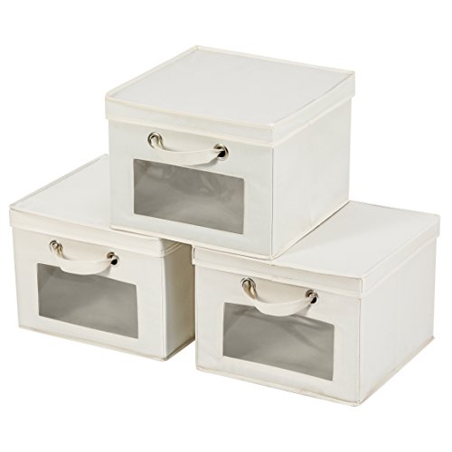 Product Cover MaidMAX Closet Storage Cube with Clear Window, Lid and 2 Handles for Shelves, Foldable, Beige, Set of 3