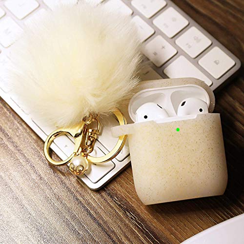 Product Cover Airpods Case - Filoto Airpods Silicone Glitter Cute Case Cover with Pompom/Keychain/Strap for Apple Airpods 2&1, 2019 Newest 360° Protective Air Pods Charging Case Cover (Gold)