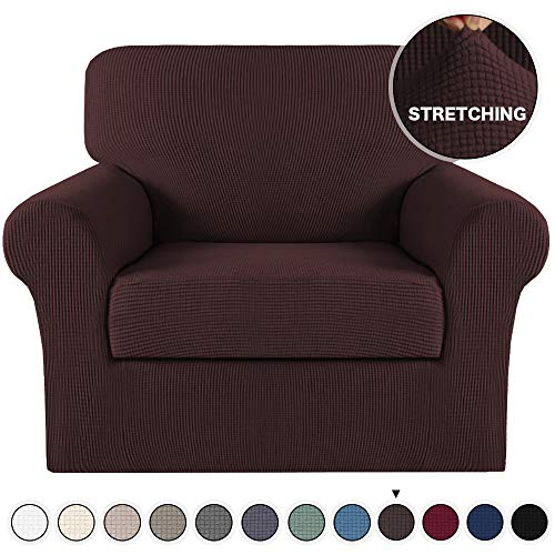 Product Cover Turquoize Armchair Slipcover 2 Piece Couch Cover with Separate Seat Cushion Cover Spandex Furniture Protector Machine Washable Feature Jacquard Small Checked Sofa Slipcover/Protector (Chair, Brown)