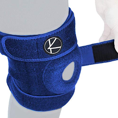 Product Cover Adjustable Knee Brace Support - Best Plus Size Knee Brace for ACL, MCL, LCL, Sports, Meniscus Tear. Open Patella Knee Brace for Arthritis Pain and Support for Women, Men, Youth (Size 3 Blue)