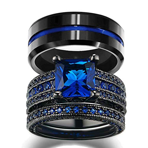 Product Cover loversring His and Hers Wedding Ring Sets Couples Rings Women 10K Black Gold Filled Blue Cz Wedding Engagement Ring Bridal Sets Men's Stainless Steel Wedding Band