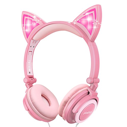 Product Cover Cat Ear Headphones, Ifecco Kid Headphones Foldable Wired Headphones On-Ear Headsets Support 3.5 mm Audio Jack Headset with Glowing Light for Girls Children Gift, Pink