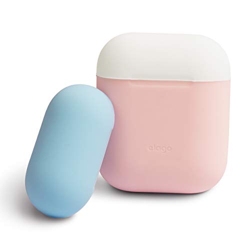 Product Cover elago Duo Case Compatible with Apple AirPods 1 & 2 [Body-Pink/Top-White, Pastel Blue] - Two Color Caps, Protective Silicone, No Hinge, Support Wireless Charging (Front LED Not Visible)