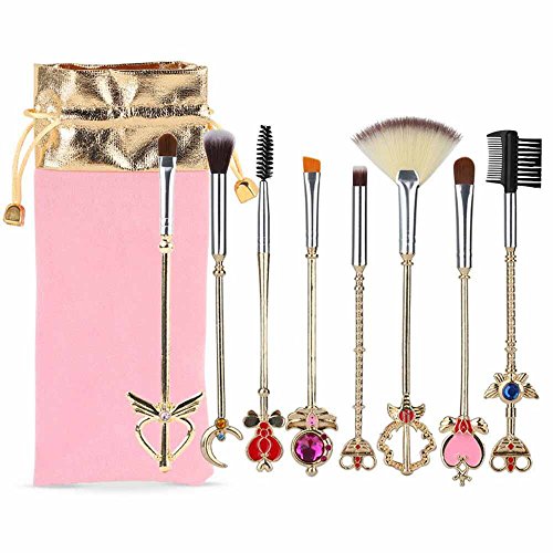 Product Cover Coshine 8pcs Sailor Moon Makeup Brush Set With Pouch, Magical Girl Gold Cardcaptor Sakura Cosmetic Brushes With Cute Pink Bag