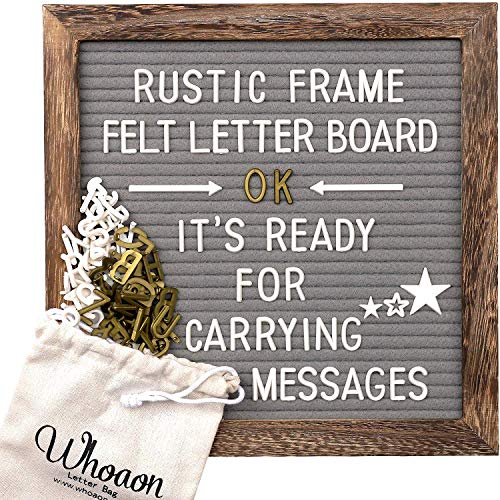 Product Cover Rustic Wood Frame Gray Felt Letter Board 10x10 inches. Pre-Cut White & Gold Letters, Symbols, Emojis, Simple Cursive Words + 2 Letter Bags, Scissors, Vintage Stand. by whoaon