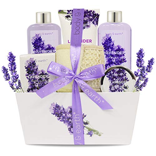 Product Cover Bath Spa Gift Set, Body & Earth Gift Basket 6-Piece Lavender Scented Spa Basket Kits for Women, Contains Shower Gel, Bubble Bath, Body Lotion, Bath Salt, Body Scrub, Back Scrubber, Best Gift for Her